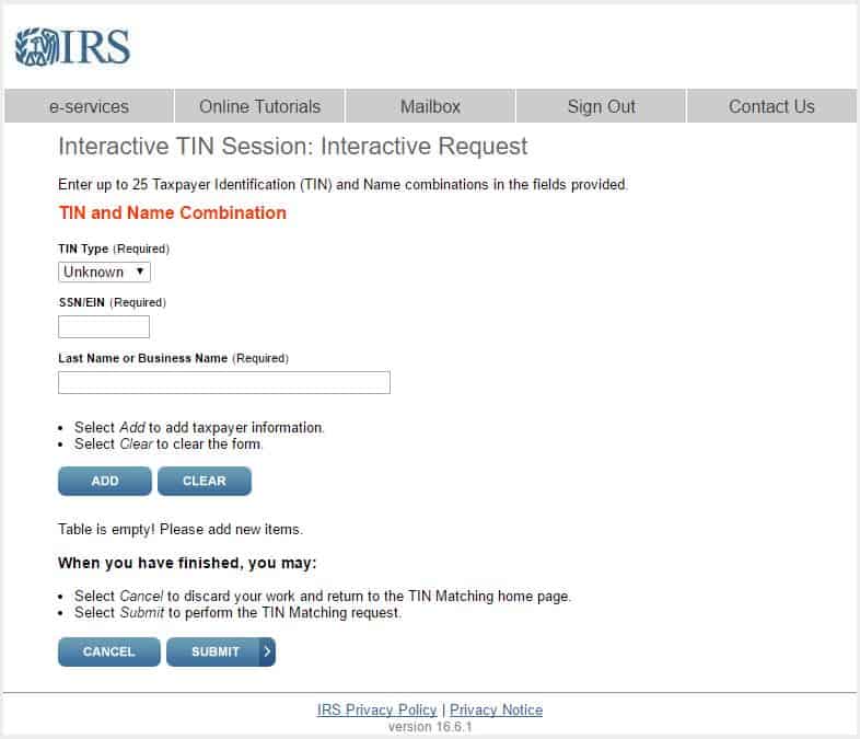 IRS Taxpayer Identification Number (TIN) Matching Service (Steps for