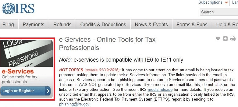 Picture of the irs e services website