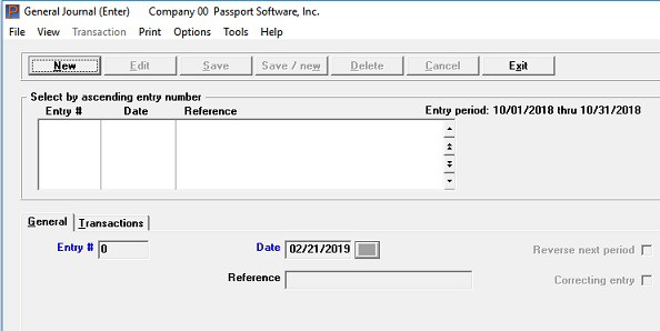 Screenshot of Passport Software's General Ledger Software