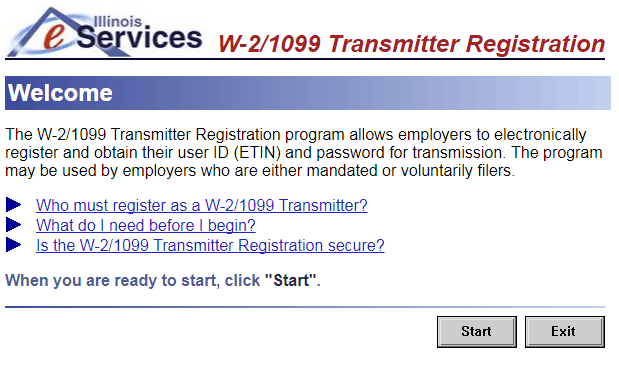 Screen shot of Illinois eServices Transmitter registration