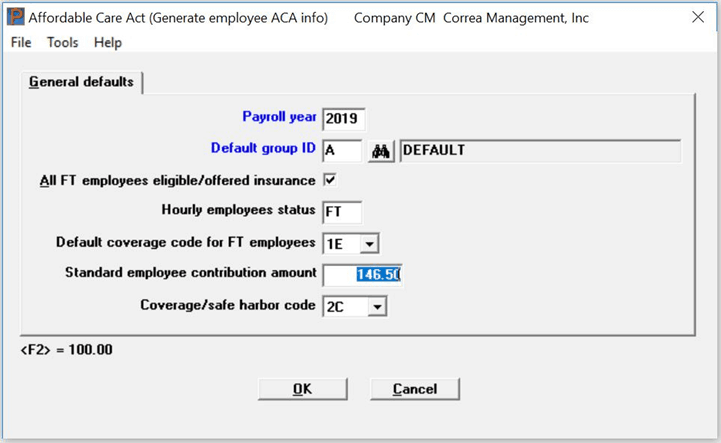 Screenshot of the ACA Software Employee Info screen