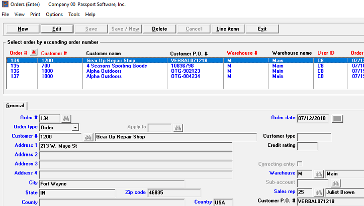 Order Entry software screen shot