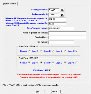 The Print Forms 1099-MISC and 1099-NEC Amounts screen